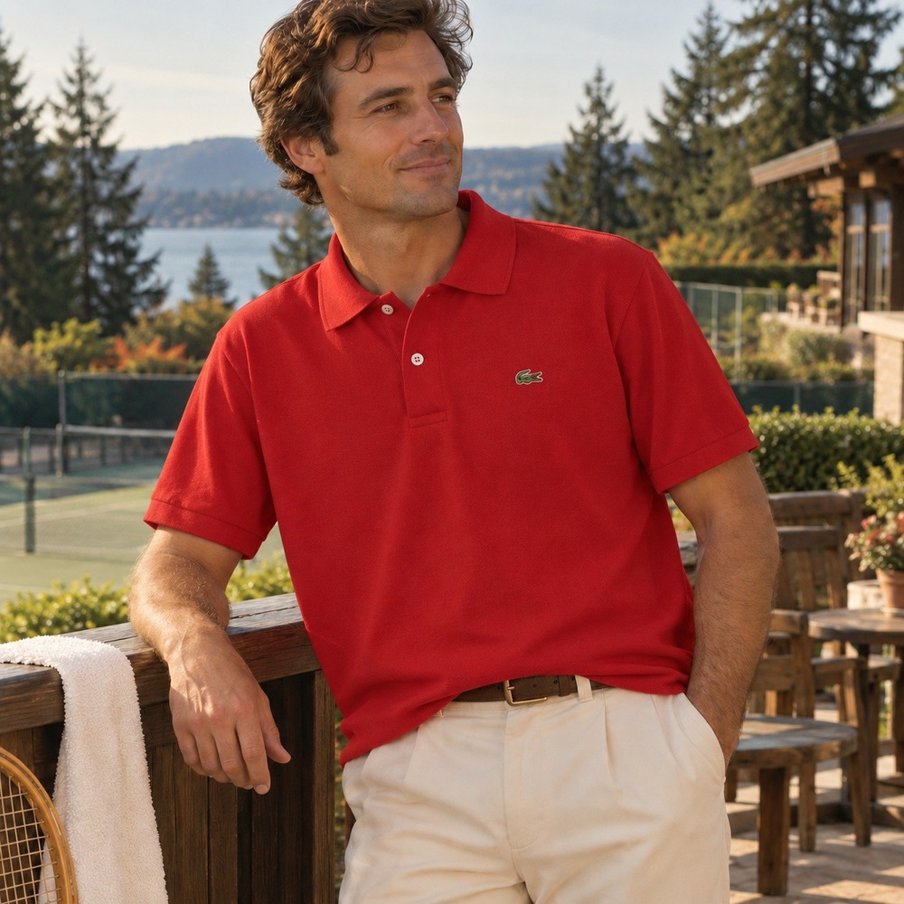 Vintage 1970s Chemise Lacoste Polo Shirt Mens L Red Double Knit Crocodile